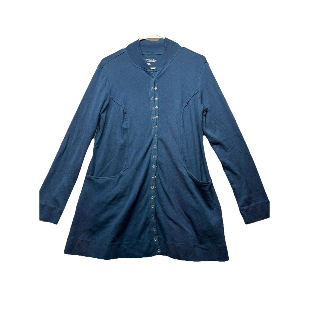 Soft Surroundings Blue Snap Button Cotton Long Knee Length Cardigan Sweater Sz S